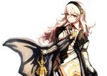  armor cape female_my_unit_(fire_emblem_if) fire_emblem fire_emblem_heroes fire_emblem_if gloves highres holding holding_sword holding_weapon long_hair looking_at_viewer mpka_yt my_unit_(fire_emblem_if) red_eyes sword traditional_media watercolor_(medium) weapon white_hair 