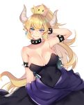  arm_at_side bare_shoulders black_dress blonde_hair blue_eyes blush bowsette bracelet breasts cleavage collar collarbone colored_eyelashes crown dress fangs fangs_out hand_behind_head hand_in_hair high_ponytail huge_breasts jewelry long_hair long_ponytail looking_at_viewer mario_(series) new_super_mario_bros._u_deluxe pointy_ears shiny shiny_clothes shiny_hair shiny_skin simple_background solo spiked_bracelet spiked_collar spiked_shell spikes super_crown thick_eyebrows upper_body waist_cape white_background wide_ponytail zonana 