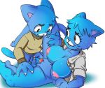  2018 4_fingers age_difference anthro blue_fur blue_hair bottomless breasts cartoon_network cat clothed clothing digital_media_(artwork) duo erection fangs feline female fur grin gumball_watterson hair hi_res imminent_sex incest leg_glider_position male male/female mammal mature_female mother mother_and_son navel nicole_watterson nipples open_shirt parent penis raised_leg rumjiin sex size_difference smile son spread_legs spreading the_amazing_world_of_gumball whiskers young 