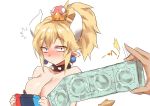  blonde_hair blush bowsette bracelet breasts cleavage collar condom crown earrings horns jewelry mario_(series) new_super_mario_bros._u_deluxe nintendo nintendo_switch pointy_ears ponytail spiked_armlet spiked_bracelet spiked_collar spikes super_crown yostxxx 