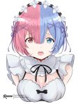  absurdres blue_eyes blue_hair bow commentary flower fusion hair_ribbon highres huge_filesize maid md5_mismatch open_mouth pink_eyes pink_hair ram_(re:zero) re:zero_kara_hajimeru_isekai_seikatsu reeze_(artist) rem_(re:zero) ribbon solo split_theme teeth 