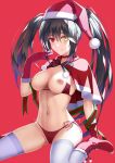  1girl asymmetrical_hair bikini_pull black_hair blush boots braid breasts capelet choker christmas clock_eyes commentary_request condom date_a_live fur_trim gloves hair_between_eyes hand_up hat heterochromia highres holding holding_condom long_hair looking_at_viewer medium_breasts navel nipples panties pom_pom_(clothes) red_background red_capelet red_choker red_eyes red_footwear red_gloves santa_hat side-tie_panties sitting smile solo symbol-shaped_pupils thighhighs thighs tokisaki_kurumi twin_braids underwear yellow_eyes z1npool 