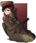  blood blood_on_face brown_eyes brown_hair coat gloves gun hat holding holding_gun holding_weapon leeb3397 military military_hat military_uniform original overcoat pouch short_hair solo sten_gun submachine_gun uniform weapon world_war_ii 