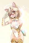  ;d adapted_costume animal_ears black-framed_eyewear blonde_hair blush bow bowtie cat_ears cat_tail commentary_request cowboy_shot elbow_gloves extra_ears ez6 fang glasses gloves highleg highleg_leotard kemono_friends leaning_forward leotard margay_(kemono_friends) margay_print multicolored multicolored_clothes one_eye_closed open_mouth short_hair sleeveless smile solo tail thighhighs 