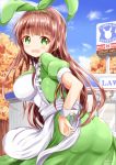  apron ass autumn_leaves bangs blend_s blue_sky blush brand_name_imitation breasts brown_hair building cloud commentary_request company_connection convenience_store dated day dress eyebrows_visible_through_hair flying_sweatdrops gochuumon_wa_usagi_desu_ka? green_dress green_eyes green_ribbon hair_ribbon highres impossible_clothes impossible_dress large_breasts lawson long_hair looking_at_viewer looking_to_the_side maid_apron manga_time_kirara open_mouth outdoors puffy_short_sleeves puffy_sleeves ribbon sakuranomiya_maika shop short_sleeves sky solo standing tree twitter_username ujimatsu_chiya very_long_hair white_apron zenon_(for_achieve) 