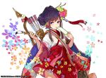  2016 arrow bangs brown_hair calligraphy_brush commentary_request copyright_request eyebrows_visible_through_hair fingernails floral_background floral_print flower gradient_hair green_flower hair_flower hair_ornament holding holding_paintbrush japanese_clothes kimono long_hair long_sleeves looking_at_viewer multicolored_hair official_art paintbrush pleated_skirt print_kimono purple_eyes purple_hair quiver red_flower red_rose red_skirt rose short_kimono sidelocks skirt solo streaked_hair watermark white_background white_flower white_kimono wide_sleeves yuu_(higashi_no_penguin) 