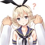  ? blonde_hair blue_eyes blue_sailor_collar bunching_hair commentary_request crop_top elbow_gloves gloves holding holding_hair kantai_collection long_hair looking_at_viewer low_twintails out_of_frame pov pov_hands sailor_collar shimakaze_(kantai_collection) simple_background solo_focus twintails u0709 upper_body white_background white_gloves 