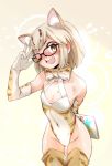  ;d adapted_costume animal_ear_fluff animal_ears black-framed_eyewear blonde_hair blood blush bow bowtie cat_ears cat_tail commentary_request cowboy_shot elbow_gloves extra_ears ez6 fang glasses gloves highleg highleg_leotard kemono_friends leaning_forward leotard margay_(kemono_friends) margay_print multicolored multicolored_clothes nosebleed one_eye_closed open_mouth revision short_hair sleeveless smile solo tail thighhighs 