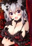  1girl animal_ear_fluff animal_ears bangs black_gloves blurry blush breasts cat_ears choker cleavage depth_of_field dress elbow_gloves eyebrows_visible_through_hair fang finger_to_mouth flower frilled_choker frilled_dress frills from_above gloves hair_between_eyes hair_flower hair_ornament highres large_breasts long_hair looking_at_viewer ooji_cha open_mouth original oziko_(ooji_cha) purple_eyes silver_hair sitting solo 