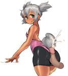  1girl ass bike_shorts borvar bunny_tail buttjob dark_skin disembodied_penis drawfag from_behind looking_back penis short_twintails silver_hair simple_background smile souffle_rosetti star_ocean star_ocean_till_the_end_of_time tail twintails white_background 