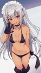  bangs bare_shoulders bikini black_bikini black_gloves blush breasts cleavage collarbone commentary_request dark_elf dark_skin elf gloves hair_between_eyes headdress highres hips long_hair looking_at_viewer maid_headdress navel original pointy_ears red_eyes silver_hair small_breasts smile solo sukebewe swimsuit thighs tongue tongue_out two_side_up 