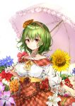  adapted_costume bangs bare_shoulders blue_flower blush breasts collarbone commentary_request cowboy_shot criss-cross_halter eyebrows_visible_through_hair flower green_hair hair_between_eyes hairband halterneck highres holding holding_umbrella kazami_yuuka large_breasts leaf long_sleeves looking_at_viewer off-shoulder_shirt off_shoulder orange_flower pink_flower pink_umbrella plaid plaid_skirt puffy_sleeves red_eyes red_flower red_rose red_skirt ribbon rose shironeko_yuuki shirt short_hair simple_background skirt smile solo sunflower touhou umbrella white_background white_flower white_shirt yellow_flower yellow_hairband yellow_ribbon 