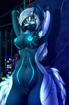  2018 anthro big_breasts black_nose blue_nipples breasts canine condom condom_in_mouth detailed_background digital_media_(artwork) ear_piercing eyewear female glasses hair mammal navel nipples nude piercing pussy smile solo standing tales_foxdale white_hair 