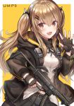  :3 :d bangs black_bow black_gloves black_jacket black_legwear black_skirt blush bow breasts brown_eyes brown_hair character_name commentary_request dress_shirt eyebrows_visible_through_hair fingerless_gloves fingernails girls_frontline gloves gun h&amp;k_ump9 hair_between_eyes hair_bow hair_ornament hairclip hand_up holding holding_gun holding_weapon jacket long_hair looking_at_viewer open_clothes open_jacket open_mouth pantyhose pleated_skirt sakura_ani shirt skirt small_breasts smile solo trigger_discipline twintails two-tone_background ump9_(girls_frontline) very_long_hair weapon white_background white_shirt yellow_background 