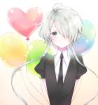  ahoge androgynous arms_behind_back balloon colored_eyelashes gem_uniform_(houseki_no_kuni) ghost_quartz_(houseki_no_kuni) grey_eyes grey_hair hair_over_one_eye highres houseki_no_kuni looking_at_viewer necktie nekotamago short_hair_with_long_locks smile solo upper_body white_hair 