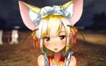  alternate_costume animal_ear_fluff animal_ears bangs blonde_hair blunt_bangs blurry blurry_background blush brown_eyes commentary_request extra_ears eyebrows_visible_through_hair eyes_visible_through_hair face fennec_(kemono_friends) fox_ears hair_between_eyes hair_ribbon hair_tubes headdress kemono_friends looking_at_viewer open_mouth outdoors portrait ribbon short_hair signature solo welt_(kinsei_koutenkyoku) 