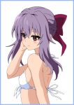  bangs bertsr blush bow braid breasts brown brown_eyes covered_nipples eyes hair_between_eyes hair_bow hand_in_hair highres hiiragi_shinoa looking_to_the_side owari_no_seraph purple_bow purple_hair shiny shiny_hair sidelocks simple_background small_breasts smile solo swimsuit tied_hair upper_body white_background white_bikini_top white_swimsuit 