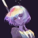  androgynous closed_eyes colored_eyelashes commentary_request dark_background diamond_(houseki_no_kuni) ez_1011 gem_uniform_(houseki_no_kuni) glowing glowing_hair houseki_no_kuni lips multicolored_hair necktie rainbow_hair short_hair solo upper_body 