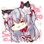  =_= animal_ear_fluff animal_ears bangs blush bow cat_ears cat_girl cat_tail character_name chibi closed_eyes commentary_request eyebrows_visible_through_hair facing_viewer hair_between_eyes hair_bow hair_ornament hair_ribbon hair_scrunchie layered_skirt long_hair long_sleeves ooji_cha original oziko_(ooji_cha) parted_lips pink_bow polka_dot polka_dot_bow polka_dot_scrunchie red_ribbon red_scrunchie red_skirt ribbed_sweater ribbon scrunchie silver_hair skirt sleeves_past_wrists solo sparkle star striped sweater tail two_side_up v-shaped_eyebrows vertical-striped_skirt vertical_stripes very_long_hair white_sweater 
