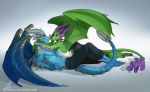  2018 5_fingers anthro aomori barefoot blue_skin clothed clothing digital_media_(artwork) dragon duo female green_skin horn male membranous_wings scalie simple_background spines topless western_dragon wings 