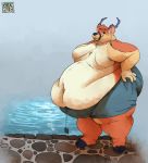  2018 antlers arkveveen_(artist) belly big_belly cervine clothing cloven_hooves deep_navel hooves horn looking_at_viewer love_handles male mammal moobs morbidly_obese navel obese overweight shorts solo standing thick_thighs water 