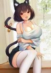  :d animal_ear_fluff animal_ears azur_lane bangs bare_shoulders bell black_hair blush breast_hold breasts casual cat_ears cat_tail cleavage collarbone denim denim_shorts eyebrows_visible_through_hair fou_zi hand_on_own_leg high-waist_shorts highres indoors jingle_bell large_breasts looking_at_viewer md5_mismatch off_shoulder open_mouth red_eyes red_ribbon ribbon shirt short_hair shorts sitting smile solo tail tail_bell tail_ribbon thighhighs translation_request upper_teeth white_legwear white_shirt wide_sleeves yamashiro_(azur_lane) 