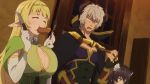  1boy 2girls animal_ears animated animated_gif black_hair blonde_hair breast_squeeze breasts cleavage cleavage_cutout collar diablo_(isekai_maou_to_shoukan_shoujo_dorei_majutsu) eating elf eyes_closed food food_in_mouth fork gloves grey_hair holding horns huge_breasts in_mouth isekai_maou_to_shoukan_shoujo_dorei_majutsu knife long_hair looking_at_breasts metal_collar multiple_girls open_mouth pointy_ears rem_galleu sausage sexually_suggestive shera_l_greenwood short_hair standing 