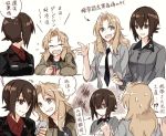  2girls black_shirt blonde_hair blue_eyes breasts brown_eyes brown_hair can cellphone closed_mouth collar commentary_request crying dog_tags drink eyebrows eyebrows_visible_through_hair girls_und_panzer jacket kay_(girls_und_panzer) kuromorimine_military_uniform kuromorimine_school_uniform long_hair multiple_girls necktie nishizumi_maho open_mouth phone saunders_military_uniform saunders_school_uniform school_uniform shaded_face shirt short_hair simple_background smartphone soda soda_can sweatdrop tears teeth translation_request white_background yuuyu_(777) 