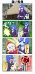  3girls 4koma ahoge apron baby bamboo bamboo_forest black_sclera blue_eyes blue_hair blue_skin blush breasts carrying_over_shoulder chibi club comic commentary_request cutting fangs forest hair_between_eyes hand_on_hip highres holding holding_weapon horns house large_breasts long_hair long_sleeves maid_apron martial_arts mountain multiple_girls nature oni_horns onizuka_ao open_mouth original pacifier pale_skin photo red_eyes red_hair red_skin short_hair short_sleeves sidelocks translation_request weapon white_hair wrist_wrap youkai younger yuureidoushi_(yuurei6214) 