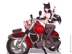  absurdres alternate_costume animal_ears atago_(azur_lane) azur_lane bangs black_legwear bow breasts cleavage commentary_request extra_ears full_body ground_vehicle gun high_heels highres holding holding_gun holding_weapon large_breasts lieyan_huangzi logo mole mole_under_eye motor_vehicle motorcycle navel race_queen ribbon shrug_(clothing) sitting sitting_on_object swept_bangs two-tone_bikini weapon white_background white_bow white_footwear white_ribbon 