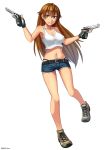  1girl ahoge bare_shoulders belt belt_buckle belt_pouch beretta_92 black_lagoon boots breasts brown_hair buckle cleavage commentary_request cross-laced_footwear cutoffs denim denim_shorts dual_wielding erect_nipples eyebrows_visible_through_hair full_body gloves gun hair_between_eyes handgun highleg highleg_panties highres holding holster lace-up_boots large_breasts long_hair looking_at_viewer navel ndtwofives panties partly_fingerless_gloves pistol ponytail pouch revy_(black_lagoon) rifle shorts shoulder_holster smile solo tank_top tongue tongue_out twitter_username underwear weapon white_background yellow_eyes 