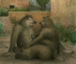  2000 anthro bd black_nose brown_fur butt canine casual_nudity colored_pencil_(artwork) duo eyes_closed flower fur love_handles male male/male mammal nude obese_male outside overweight overweight_male pawpads plant sitting slightly_chubby smile traditional_media_(artwork) wolf 
