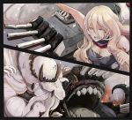  beret blonde_hair blue_eyes blush breasts broken broken_weapon comic commentary_request fire french_battleship_hime hair_between_eyes hat highres horns kantai_collection large_breasts long_hair mizuchi_(mizuchi7118) multiple_girls open_mouth pale_skin richelieu_(kantai_collection) scarf shinkaisei-kan smile smoke torn_clothes turret weapon white_hair 