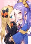  abigail_williams_(fate/grand_order) bangs black_bow black_dress blonde_hair blue_eyes blush bow breasts chinese_clothes closed_mouth collarbone commentary_request dress fate/grand_order fate_(series) forehead hair_bow hair_ornament hand_on_another's_hip licking_lips long_hair long_sleeves looking_at_viewer multiple_girls orange_bow parted_bangs pink_background polka_dot polka_dot_bow purple_dress purple_eyes purple_hair shiny shiny_hair sleeves_past_fingers sleeves_past_wrists small_breasts smile tongue tongue_out tousaki_shiina twintails very_long_hair wide_sleeves wu_zetian_(fate/grand_order) 