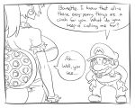  1girl borrowed_character bowsette breasts cabbie_hat cleavage comic crown dress earrings english facial_hair greyscale hat horns jewelry large_breasts lineart mario mario_(series) matsu-sensei monochrome mustache new_super_mario_bros._u_deluxe ponytail simple_background sketch speech_bubble spiked_shell super_crown sweatdrop tail white_background 