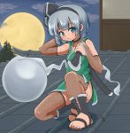  adapted_costume alternate_costume blue_eyes boots dual_wielding expressionless fishnet_gloves fishnet_legwear fishnets gloves holding kabu_(user_wcnr7572) konpaku_youmu konpaku_youmu_(ghost) looking_at_viewer moon night night_sky ninja open_toe_boots open_toe_shoes rooftop sandals sheath sheathed sky squatting sword touhou weapon white_hair 