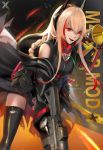  artist_logo assault_rifle bangs black_jumpsuit black_legwear blush braid breasts character_name coat commentary eyebrows_visible_through_hair gap girls_frontline gloves gun hair_between_eyes headgear highres leaning_forward long_coat long_hair looking_at_viewer m4_carbine m4_sopmod_ii m4_sopmod_ii_(girls_frontline) mod3_(girls_frontline) multicolored_hair open_clothes open_coat open_mouth pink_hair red_eyes red_hair rifle ro635_(dinergate) shirt short_jumpsuit sleeveless sleeveless_shirt smile solo streaked_hair thighhighs torn_coat trigger_discipline weapon x-kulon 