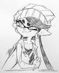  1girl aori_(splatoon) arm_at_side arm_grab artist_name beanie black_hair earrings hat jacket jewelry long_hair mole mole_under_eye monochrome pointy_ears smile solo splatoon_(series) star star_hat_ornament sunglasses symbol-shaped_pupils tentacle_hair traditional_media very_long_hair yuuki_(zeicomi100yen) 