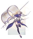  21 armor armored_dress black_legwear blonde_hair blue_cape blue_dress blue_eyes braid breasts cape dress eyebrows_visible_through_hair fate/grand_order fate_(series) faulds flag full_body gauntlets headpiece highres holding holding_flag jeanne_d'arc_(fate) jeanne_d'arc_(fate)_(all) long_braid long_hair looking_at_viewer sheath sheathed single_braid smile standard_bearer sword thighhighs weapon 