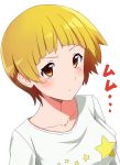  blonde_hair blush breasts brown_eyes commentary_request fukuda_noriko idolmaster idolmaster_million_live! masashou_(sinsyo23) print_shirt shirt short_hair solo star star_print 