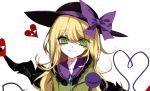  alternate_hair_color alternate_hair_length alternate_hairstyle bangs black_hat blonde_hair blush_stickers bow chinese_commentary collarbone commentary_request eyebrows_visible_through_hair frilled_shirt_collar frills gap green_eyes green_shirt hair_between_eyes hat hat_bow heart heart_of_string komeiji_koishi long_hair looking_at_viewer purple_bow sheya shirt simple_background smile solo third_eye touhou upper_body white_background yakumo_koishi 
