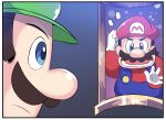  blue_eyes blue_overalls comic facial_hair flying_sweatdrops gloves green_hat hat highres hinghoi luigi luigi's_mansion mario mario_(series) multiple_boys mustache open_mouth painting_(object) picture_frame red_hat red_shirt shirt trapped white_gloves 