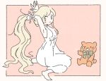  armpits arms_behind_head arms_up barefoot blonde_hair blush bow dress full_body green_bow holding holding_hair kneeling long_hair noeru_(noellemonade) original pink_background smile solo stuffed_animal stuffed_toy teddy_bear very_long_hair white_dress yellow_eyes 