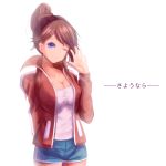  ;) arm_behind_back asahina_aoi bangs blue_eyes blue_shorts breasts brown_hair candle_ent cleavage cowboy_shot danganronpa danganronpa_1 floating_hair hair_ornament hairclip head_tilt high_ponytail highres jacket long_hair looking_at_viewer medium_breasts one_eye_closed open_clothes open_jacket parted_bangs red_jacket shirt short_shorts shorts simple_background smile solo standing waving white_background white_shirt 