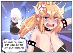  anger_vein bare_shoulders black_dress blue_eyes blush bowsette breasts brooch cleavage close-up collar comic crown door dress earrings english fangs forked_eyebrows highres hinghoi horns jewelry large_breasts long_hair long_ponytail luigi's_mansion mario_(series) multiple_views new_super_mario_bros._u_deluxe open_door open_mouth opening_door pointy_ears sharp_teeth shell sleeveless sleeveless_dress speech_bubble spiked_armlet spiked_collar spikes strapless strapless_dress super_crown teeth thick_eyebrows thick_thighs thighs turtle_shell 