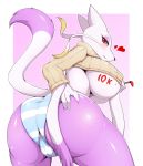  &lt;3 2019 anthro big_breasts body_writing breasts butt butt_grab camel_toe clothed clothing female hand_on_butt hi_res holding_object looking_at_viewer looking_back mammal mienshao nintendo open_mouth paint paintbrush panties pok&eacute;mon pok&eacute;mon_(species) pok&eacute;morph red_eyes simple_background solo sweater tailzkim thick_thighs under_boob underwear video_games 