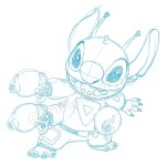  2018 4_arms 4_fingers 4_toes alien antennae belt blue_and_white claws clothed clothing dipstick_antennae disney distracting_watermark enolone experiment_(species) fur head_tuft lilo_and_stitch looking_at_viewer monochrome multi_arm multi_limb multi_wielding notched_ear open_mouth open_smile pencil_(artwork) plasma_blaster plasma_gun simple_background smile solo standing stitch toes traditional_media_(artwork) tuft watermark white_background 