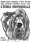  1964 4_fingers advertisement canine crying dog french_text greyscale gun handgun humanoid_hands looking_up mammal monochrome open_mouth ranged_weapon revolver sad scan signature solo suicide tears text traditional_media_(artwork) translated weapon wrinkles 