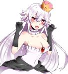  black_gloves blush breasts choker cleavage commentary crown dress fangs frilled_choker frills ghost_pose gloves highres kimchiloid large_breasts long_hair looking_at_viewer luigi's_mansion mario_(series) mini_crown new_super_mario_bros._u_deluxe pale_skin princess_king_boo red_eyes solo strapless strapless_dress super_crown tilted_headwear tongue tongue_out upper_body very_long_hair waist_cape white_hair 
