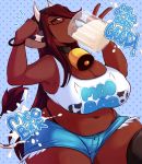  anthro bell belly big_breasts bovine breasts chikkbug clothed clothing cup dark_skin denim_shorts drinking eyewear female fully_clothed glasses horn human looking_at_viewer mammal milk navel shorts solo stretch_marks text 